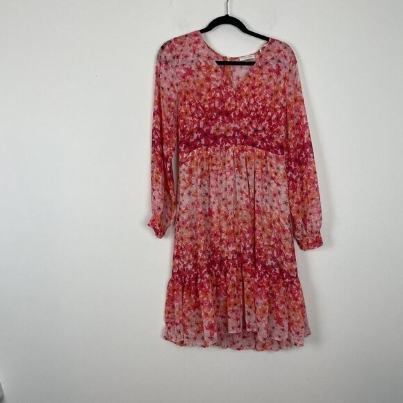 Calvin Klein Pink Floral Long Sleeve V-neck Dress Size 4 Chiffon Fully Lined - Picture 1 of 12